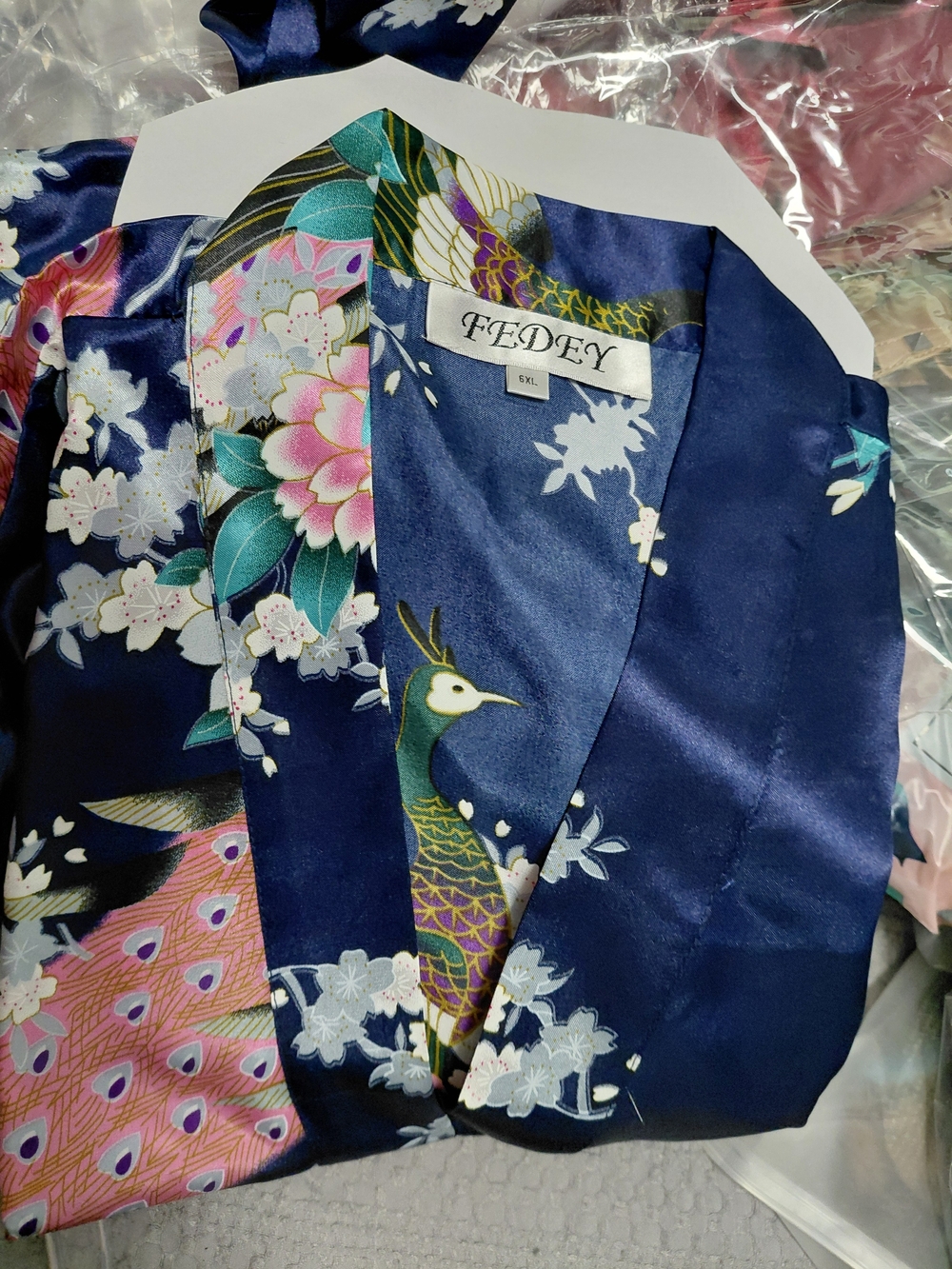 FEDEY Navy Satin Floral & Peacock Robe